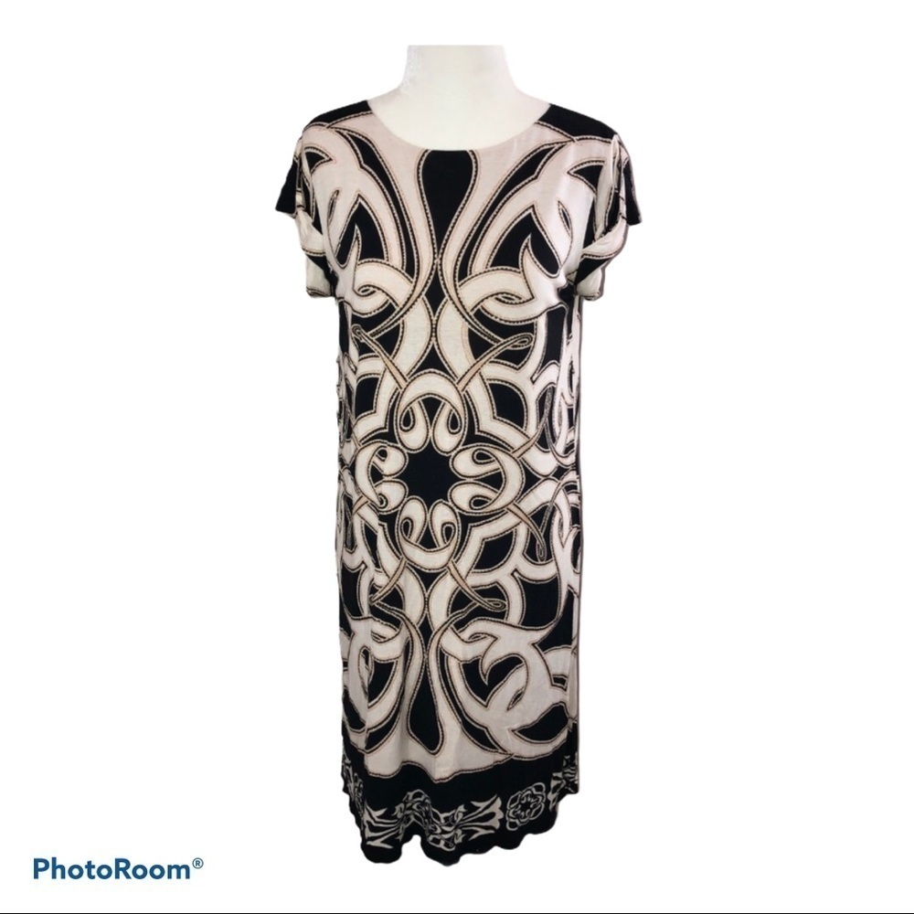 NICOLE MILLER Collection Black Ivory Print Stretch Short Sleeve Shift Dress